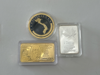 Gold/ Silver Toned Bars and Veteran Collectible Coin