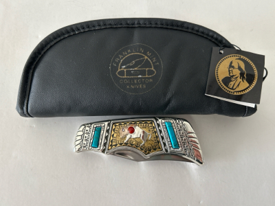 Franklin Mint Collector Knife With Turquoise Accents and Case