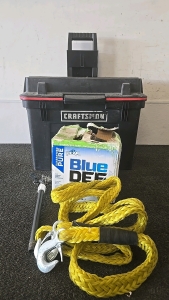 (1) Tow Rope (1) Container of Blue Def (1) Sprinkler Head (1) Craftsman Tool Box