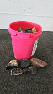 (1) Red Bucket Full of Obsidian Chunks and More