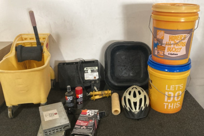 Various Shop Items Mop Bucket K&M Air Filter. Blitzer Electric Fence. Oil Pan Drain.5Gal Buckets Mouse Traps