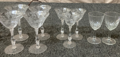 (4) LARGE ROSE POINT STEM GLASSES, (3) SMALL ROSE POINT STEM GLASSES. (2) CRYSTAL WINE GLASSES.