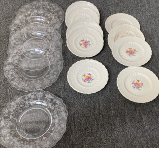 (5) CAMBRIDGE ROSE POINT CLEAR PLATES. (9) SPODE JEWEL ANN HATHAWAY PLATES.