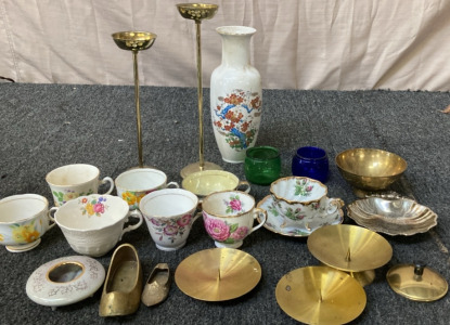 VINTAGE BRASS ETCHED BOWL, VINTAGE PLATED SILVER SHELL DISH. VARIETY OF PORCELAIN TEA CUPS, AND MORE.