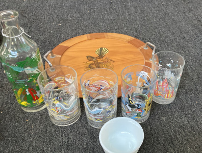 VINTAGE NEW ZEALAND FANTAIL WOODEN TRAY, (4) COMMEMORATIVE DISNEY GLASSES. VINTAGE HAND PAINTED BOTTLE,