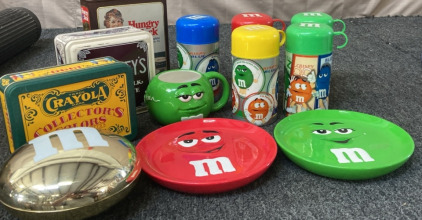 VINTAGE HUNGRY JACK PANCAKE TIN. VINTAGE HERSHEYS CHOCOLATE TIN, VINTAGE CRAYOLA COLLECTORS TIN, 5 VINTAGE M&M THERMOSES, AND MORE.