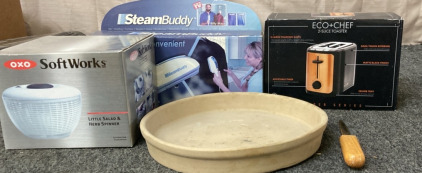 PAMPERED CHEF DEEP DISH BAKER, ECO CHEF TWO SLOTS CE TOASTER, AS SEEN ON TV STEAMBUDDY, OXO SOFT WORKS LITTLE SALAD AND HERB SPINNER.AND MORE.