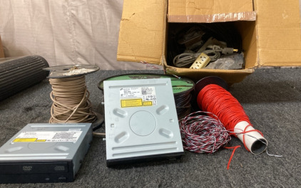VARIETY OF SPOOLS IF ELECTRONIC WIRING, HL DATA STORAGE DVD REWRITER DRIVE, HP DVD-ROM DRIVE. AND MORE.