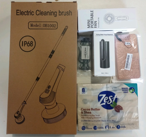 (1) Electric Cleaning Brush (1) 8 Pack of Zest Cocoa Butter & Shea (2) Mini Portable Fans (cow)