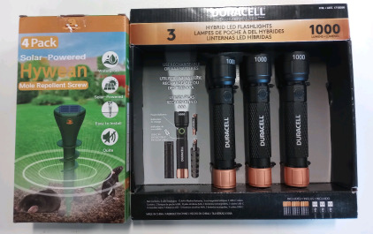 (1) Duracell 3 Pack 1000 Lumens Hybrid LED Flashlights (1) 4 Pack of Solar Powered Hywean Mole Repellent Screws