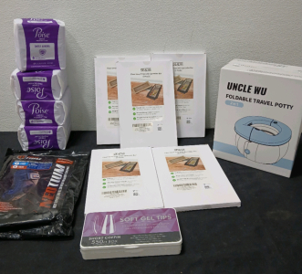 (4) Poise Daily Liners (1) Soft Gel Tips (1) Knee Brace And More.