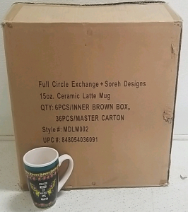Box of 15oz Ceramic Latte Mugs w/ Decals, 36 PCS.