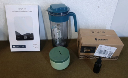 (1) Rechargeable, Digital Kitchen Scale, (1) 24-Count Box Of 1-Oz, Black Glass Bottles W/Droppers, (1) Water Pitcher & (1) 12-Oz Vacuum Insulated Food Jar