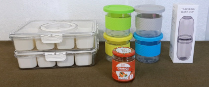 (2) Sealing Snack Tray Boxes, (1) 4-Pack Of CXQ, Ninja Ice Cream Maker Quart Jar Replacements, (1) Traveling Cup & (1) 12Oz Jar Of Orange Marmolade
