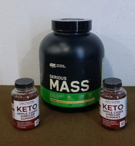 (1) 6Lb Container Of Optimum Nutrition, Serious Mass Protein Powder, Banana & (2) 60-Count Bottles Of KETO Apple Cider Vinegar Gummies