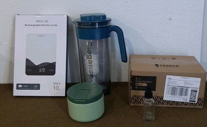 (1) Rechargeable, Digital Kitchen Scale, (1) 24-Count Box Of 1-Oz, Clear Glass Bottles W/Droppers, (1) Water Pitcher & (1) 12-Oz Vacuum Insulated Food Jar
