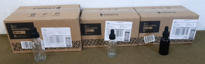 (1) 24-Count Box Of 2-Oz, Clear Glass Bottles W/Droppers, (1) 24-Count Box Of 1-Oz, Clear Glass Bottles W/Droppers, & , (1) 24-Count Box Of 1-Oz, Black Glass Bottles W/Droppers,