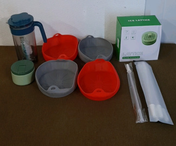 (1) Water Pitcher & (1) 12-Oz Vacuum Insulated Food Jar, (2) 8" Air Fryer Silicone Pot Sets, (1) Ice Cube Tray & (1) 5-Pack Of 64Oz Water Bottle Straws