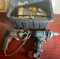 Black And Decker Drill, Skil Drill, And Bucket Of Staples