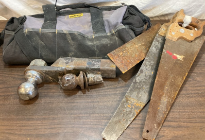 Tow Hitch & Ball, 3 Vintage Saws & Tool Bag