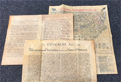 Vintage Copies of The Declaration of Independence, Gettysburg Address and Civil War Map