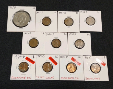 (1) 1977-D Ike Dollar Coin, (6) 1945-P to 1956-D Lincoln Wheat Pennies & (4) 1972-D To 1985-D Lincoln Mint Error Pennies