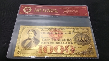 (1) 1878 $1000 Bill 99.9% Pure 24k Carat Gold Banknote W/ C.O.A