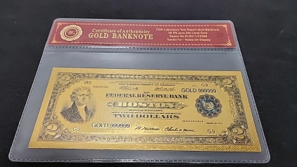 (1) 1918 $2 99.9% Pure 24k Carat Gold Banknote W/ C.O.A