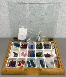 Wooden And Glass Case Of Various Gemstones… Peridot, Aquamarine, Kayanite, Rose Ruby, Tourmaline +