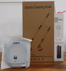 (1) Electric Cleaning Brush (1) Mini Portable Fan (1) Folding Water Pump Dispenser (1) 8K HDMI Cable