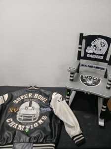 Raiders Superbowl Champions leather Jacket. Raiders rocking Chair.