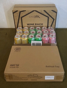 (1) 18-Pack Of Bubly. Flavored Sparkling Water, (1) HK Wire Wine Rack W/ Glass Holder & (1) Bamboo Bathtub Tray