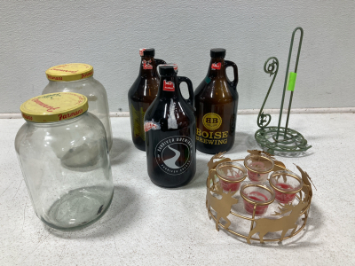 (5) Vintage Bottles, Paper Towel Holder, Decorative Candle Holder