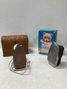 Wood Box, Bear Cookie Jar, 2 Irons