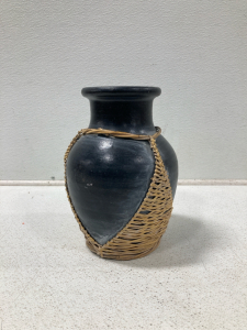 Vintage Pottery Vase Hand Wrapped in Reed Straw