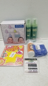 (1) Toddler Bath Toy Kit, (1) Car Interior Cleaning Kit, (2) Dog Shampoo (1) Box of 3 Lipbalm, (1) Pokemon Sticker Pads