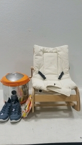 (1) Rocking Baby Chair (1) Pressure Cooker(No power cable) (1) Pair Athletic Sketchers (Size: W8)