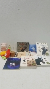 Various Books, (1) Stuffed animal (2) Plush Foods