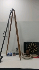 (1) Garden Tripod, (1) Lights Bar, (1) Dart Board, (1)Lantern Globe, Various other items