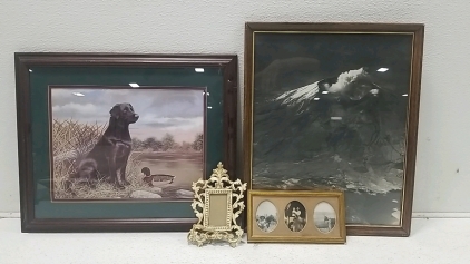 (2) Large Paintings(1 Dog, 1 Volcano) (1) Picture Frame (1) Three photo Picture Frame