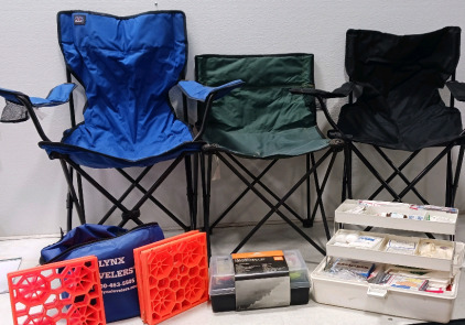 (3) Camp Chairs, 101 Piece Tackle Kit ((Original Packaging) Medical Kit Lynx Levelers (10 in bag)