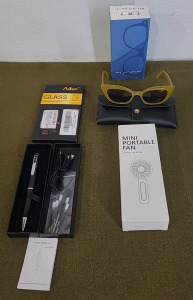 (1) Pen Camera, (1) USB Rechargeable Mini Fan, (1) 3-Pack Of iPhone 12/12 PRO Screen Protectors & (1) Pair Of Polarized Sunglasses