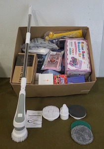 (1) Electric Cleaning Brush Kit & (1) Box Of Assorted Amazon Overstock/ Returns