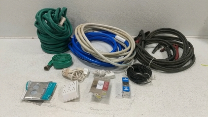 Various (4) Hoses, (2) Cords, (1) Jumper Cables, and Home Improvement Supplies