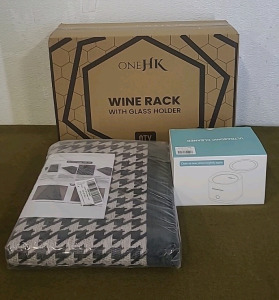 (1) Wire Wine Rack W/Glass Holder, Black, (1) 22" x 54" Floor Mat, Black Brid Pattern & (1) High Power Ultrasonic Cleaner