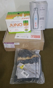 (1) Glass Food Storage Jar Set, (1) Oven Mitt & Hot Pad Set, (1) 2-Pack Of Finedine Stainless Steel Water Bottles & (1) 12-Pack Of Juno Flavored Mineral Water