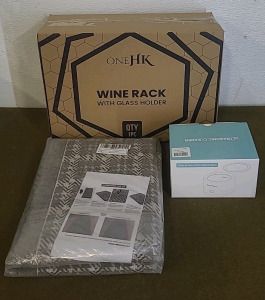 (1) Wire Wine Rack W/Glass Holder, Black, (1) 22" x 54" Floor Mat, Grey Square Pattern & (1) High Power Ultrasonic Cleaner