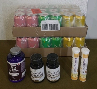 (2) 18-Packs Of Bubly Flavored Sparkling Water, (1) 330-Count Bottle Of K2, MK-7 Form Of Vitamin K2 Tablets, Exp09/26, (2) 90-Count Bottles Of Sea Moss Supplement Tablets, Exp 10/26 & (2) 20-Count Tubes Of Panchami, Gut Health Effervescent Tablets. Exp 07