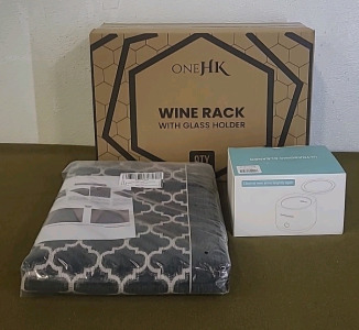 (1) Wire Wine Rack W/Glass Holder, Black, (1) 22" x 54" Floor Mat, Black Lantern Pattern & (1) High Power Ultrasonic Cleaner