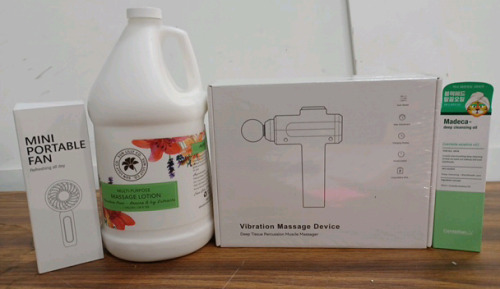 (1) Vibration Massage Gun (1) Multi-Purpose Massage Lotion (1) Mini Portable Fan (1) Madeca Deep Cleansing Oil [r1]